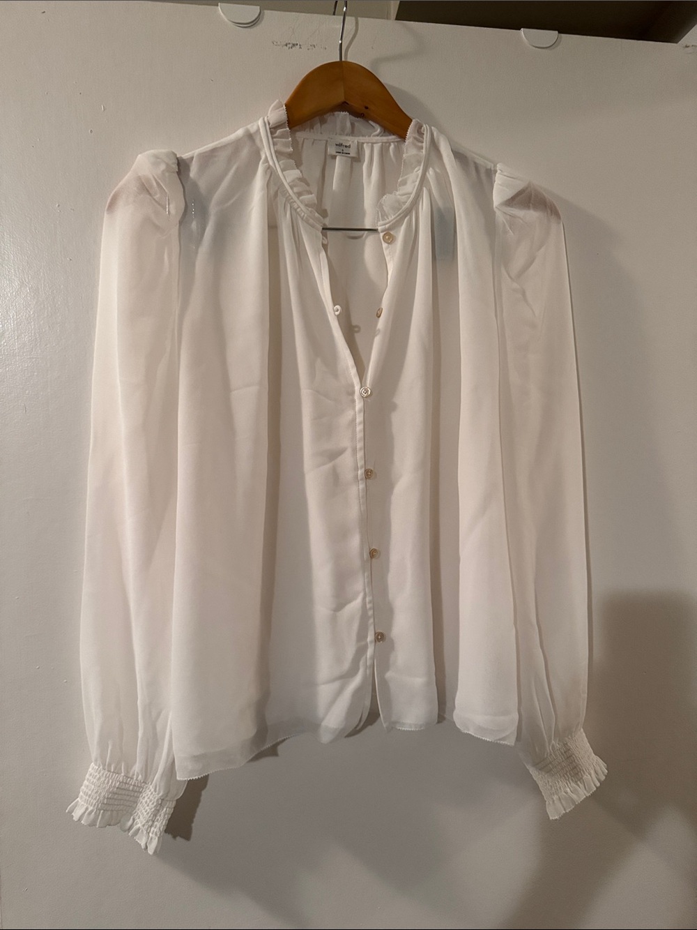 Wilfred White Sheer Ruffle-Neck Button Blouse